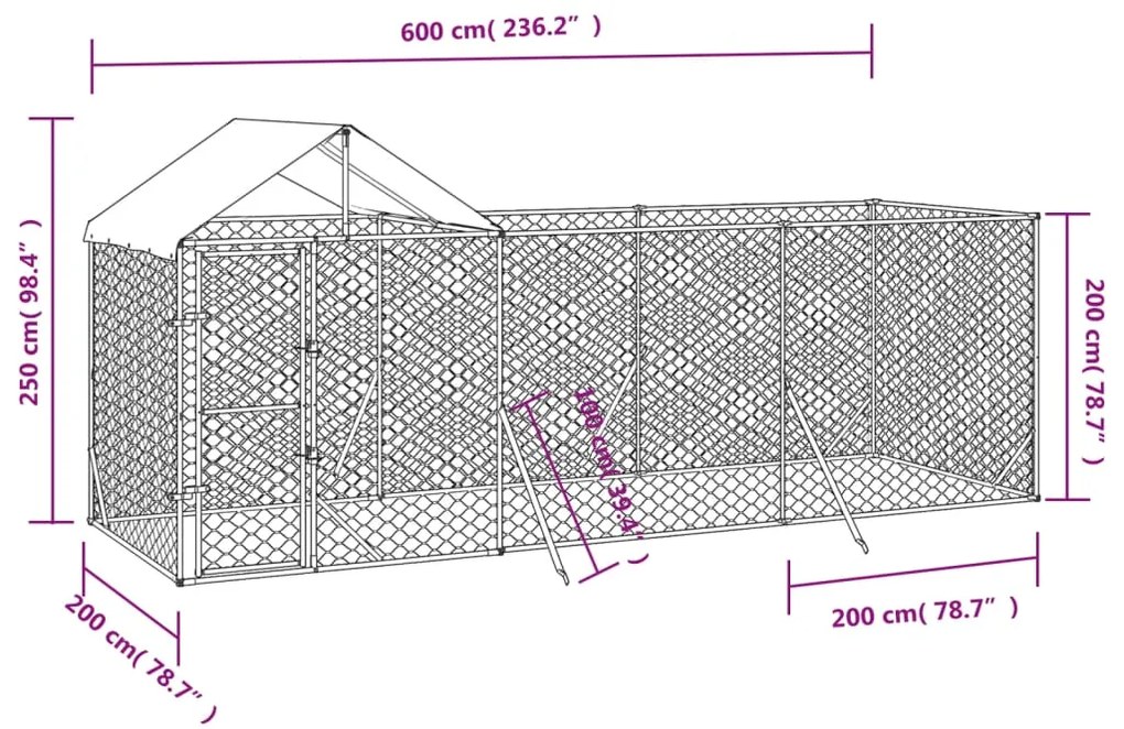 vidaXL Κλουβί Σκύλου Εξ. Χώρου με Οροφή Ασημί 6x2x2,5 μ. Γαλβ. Ατσάλι
