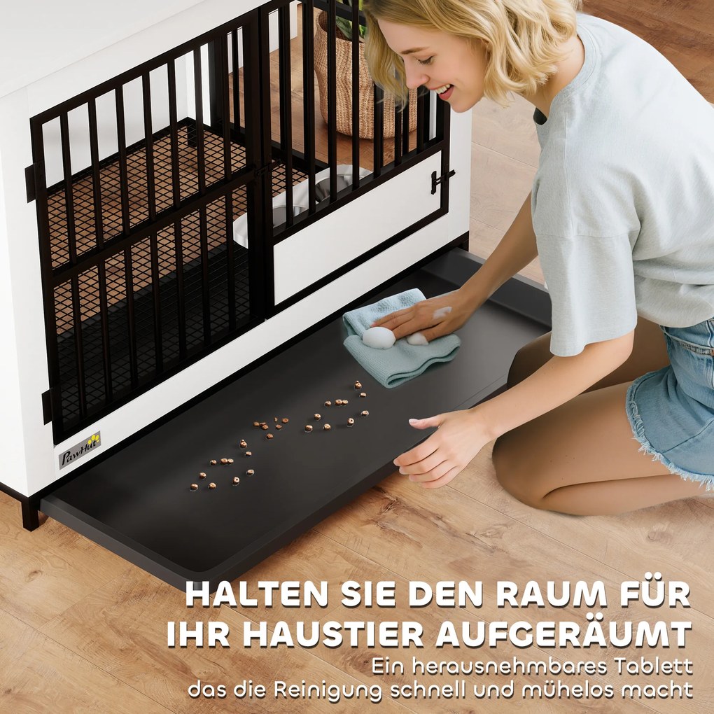 PawHut Μεγάλο Κλουβί Σκύλου, εύκολη πρόσβαση, κλειδώνει, περιστρεφόμενη βάση για μπολ, για μικρούς και μεγάλους σκύλους, λευκό