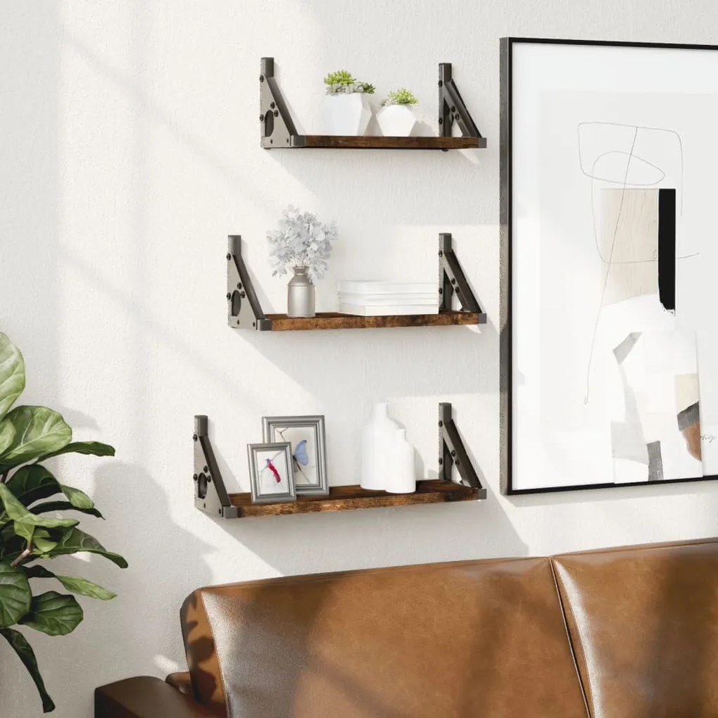 Ράφια Τοίχου Σετ 3 Τεμαχίων Καπνιστή Δρυς Επεξεργασμένο Ξύλο