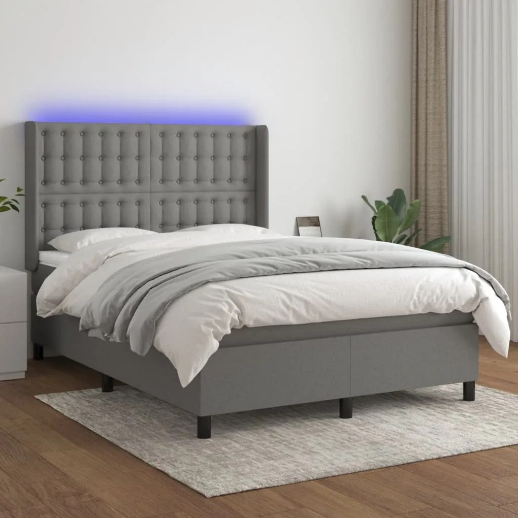 vidaXL Κρεβάτι Boxspring με Στρώμα &amp; LED Σκ.Γκρι 140x200 εκ Υφασμάτινο