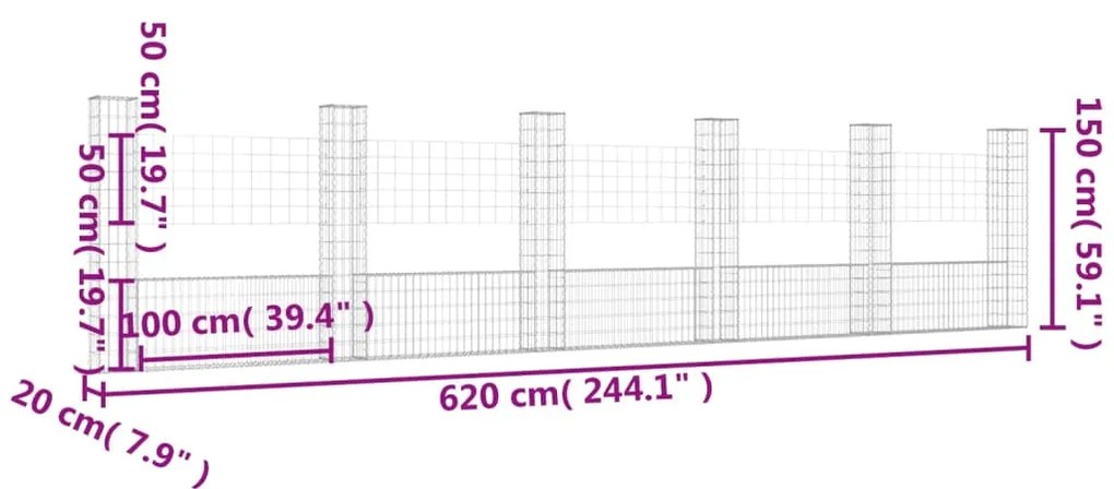 vidaXL Συρματοκιβώτιο σε U Σχήμα με 6 Στύλους 620x20x150 εκ Σιδερένιο