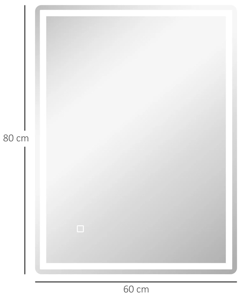 HOMCOM Καθρέφτης μπάνιου Καθρέφτης τοίχου LED, Διακόπτης αφής, Λειτουργία αντιθαμβωτικής προστασίας, 60 x 80 x 4 cm, Λευκό