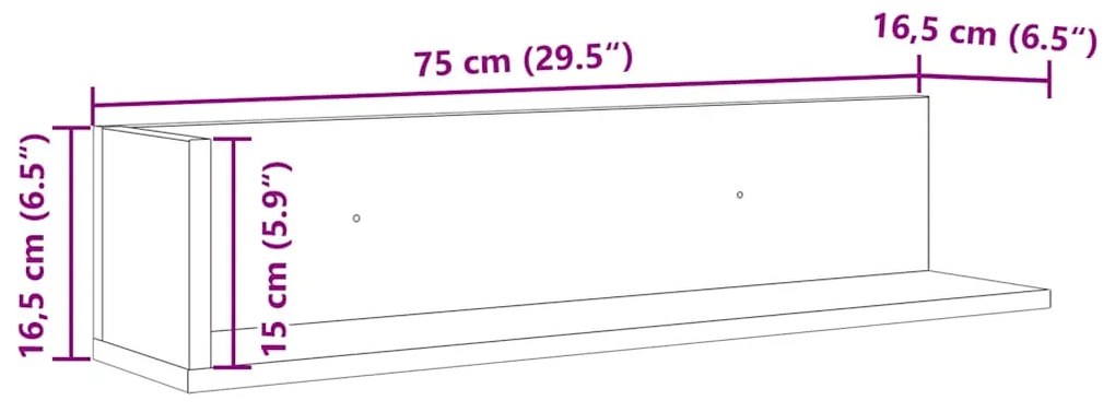 Ράφια τοίχου 2 τεμάχια Μπετόν Γκρι 75x16,5x16,5 cm Ξύλο μηχανής - Γκρι