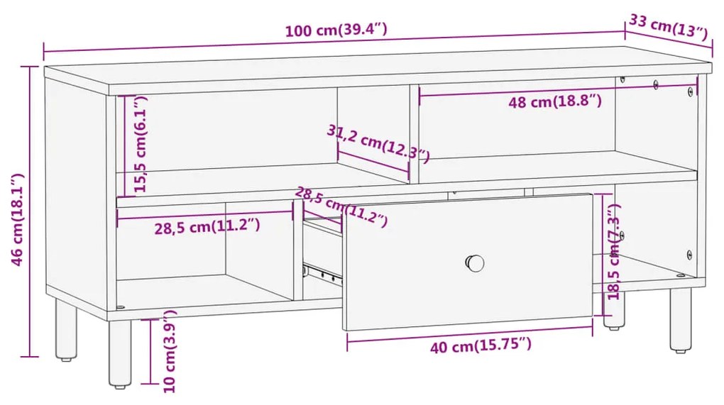 Έπιπλο Τηλεόρασης 100 x 33 x 46 εκ. από Μασίφ Ξύλο Ακακίας - Καφέ