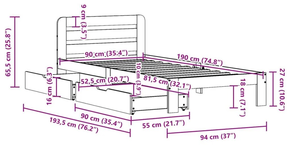 Σκελετός Κρεβ. Χωρίς Στρώμα Καφέ Κεριού 90x190 εκ Μασίφ Πεύκο - Καφέ