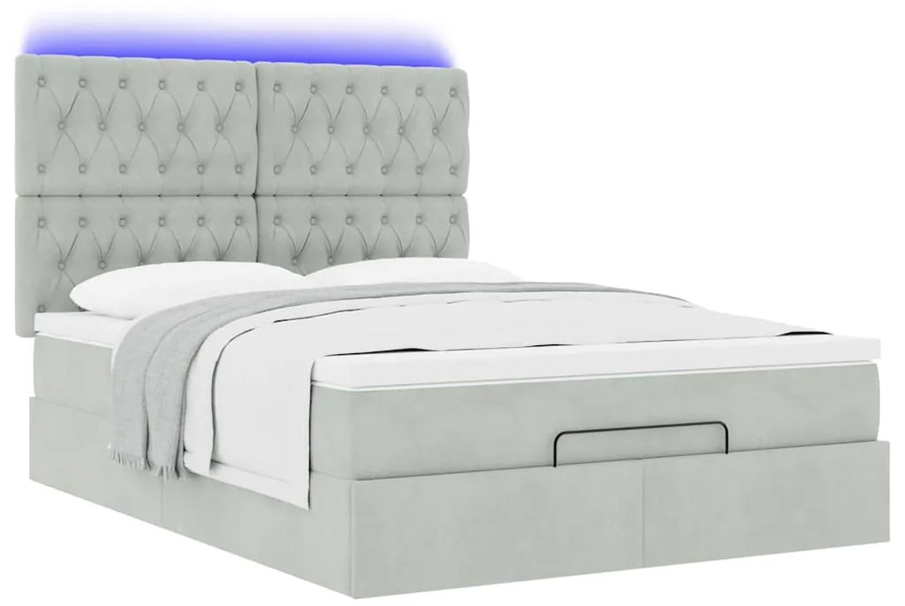 vidaXL Οθωμανικό κρεβάτι με στρώματα & LEDs Ανοιχτό γκρι Βελούδο