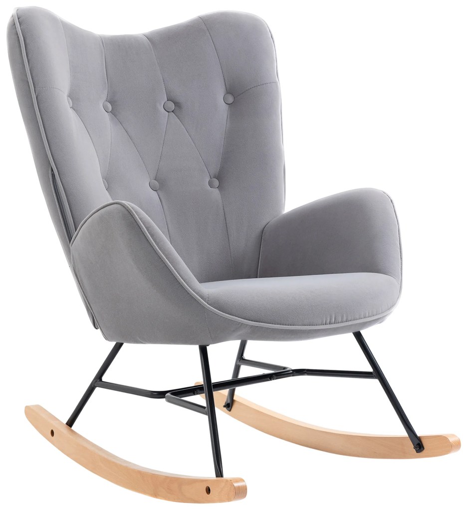 HOMCOM Κουνιστή πολυθρόνα με καπιτονέ, ξύλινες βάσεις, όψη βελούδου, έως 150 kg, ανοιχτό γκρι