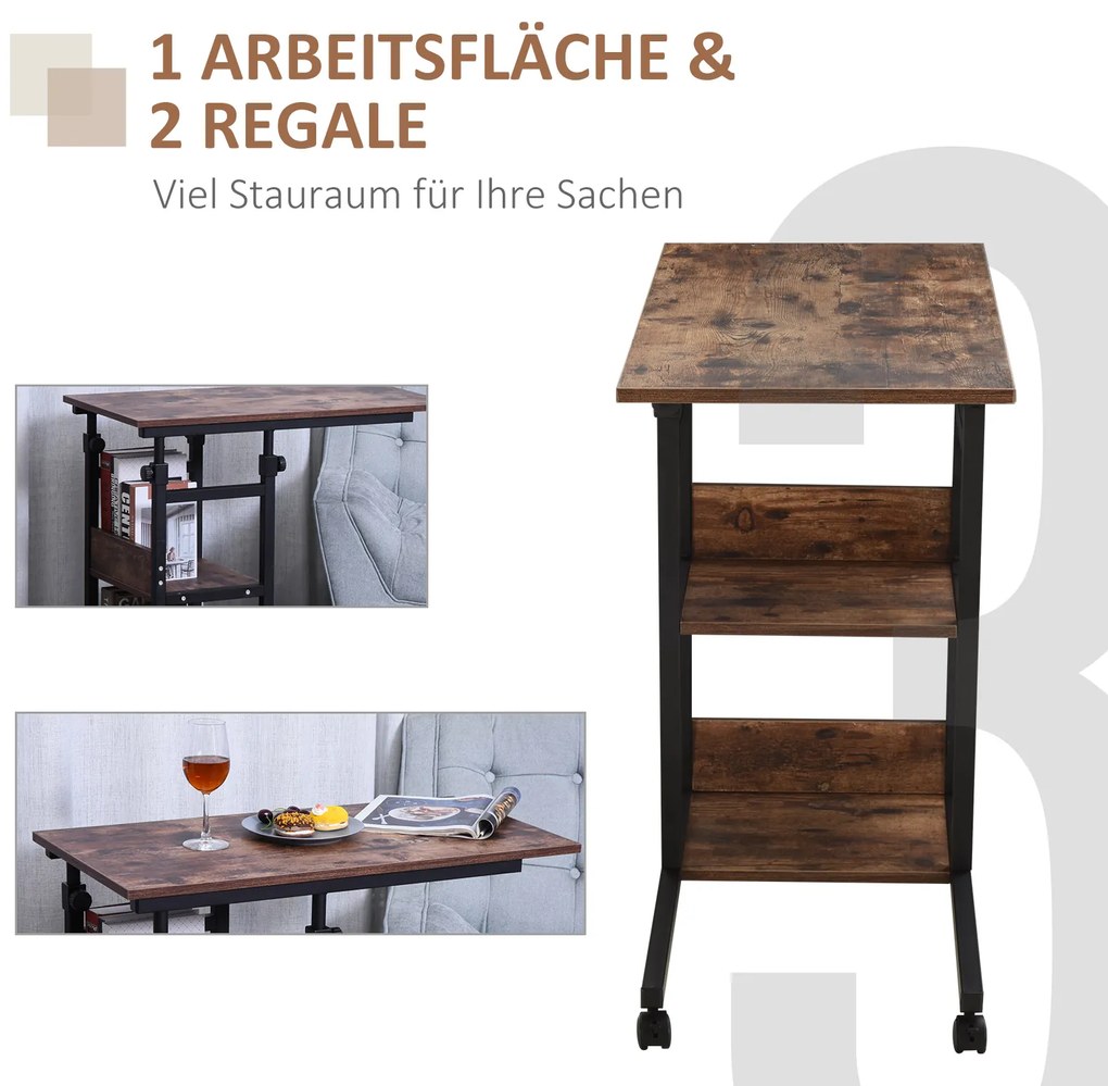 Τραπεζάκι σαλονιού με ροδάκια, ρυθμιζόμενο ύψος, συμπαγές, 2 ράφια, μεταλλικό πλαίσιο, 80x40x72-82 cm, Καφέ/Μαύρο