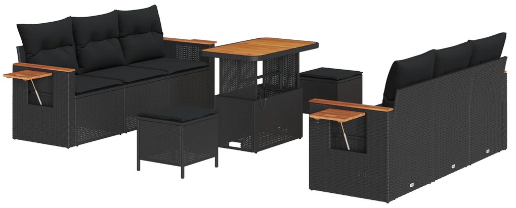 vidaXL Σετ 9 Τεμαχίων Καναπέ Κήπου Με Μαξιλάρια Μαύρο Πολυ Ράτανα Ακακία