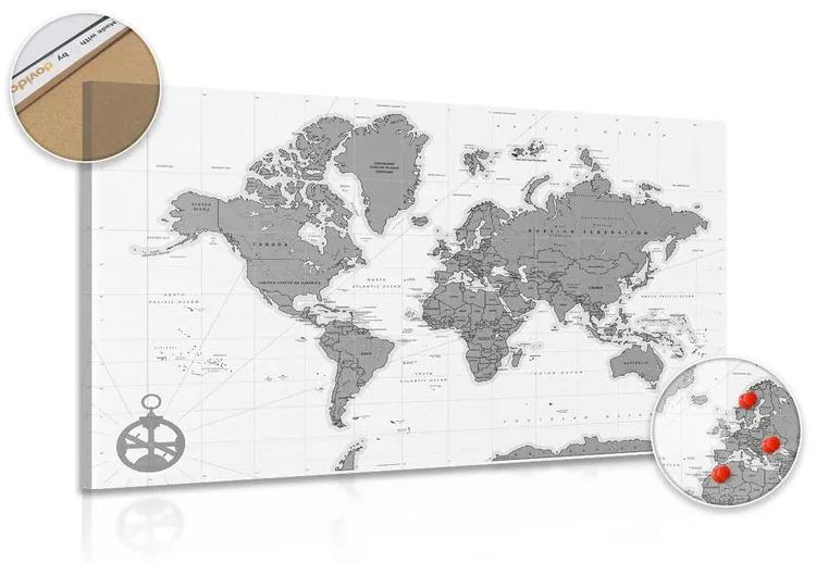 Εικόνα σε φελλό κομψός χάρτης με πυξίδα σε ασπρόμαυρο σχέδιο - 90x60  color mix
