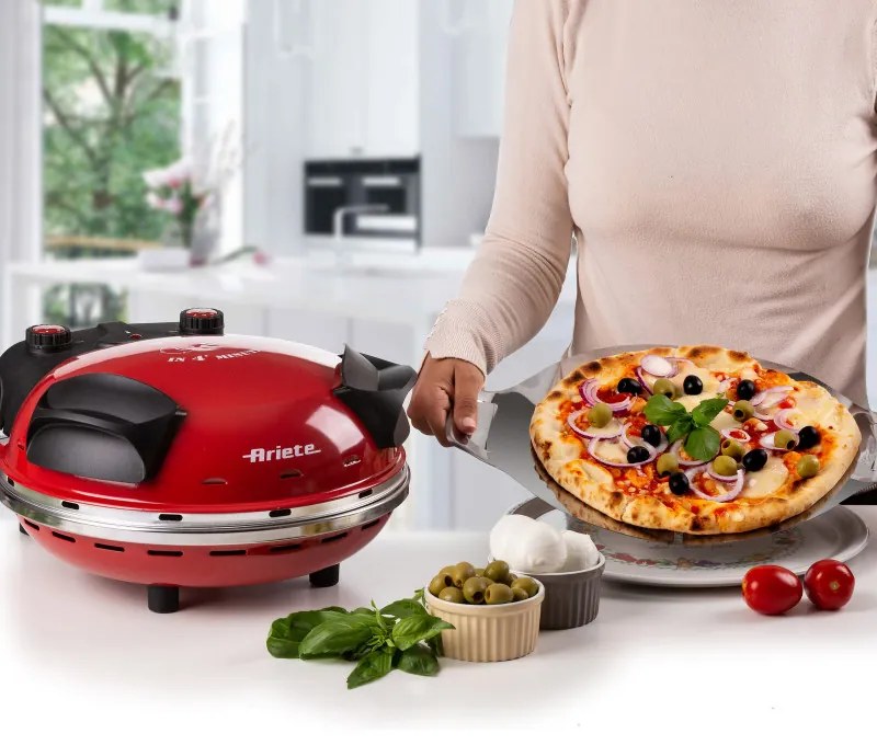 Ηλεκτρικός φούρνος πίτσας Ariete "Pizza in 4 minutes" 0909/10, 1200W, 32 cm, Μέχρι 400C, 5 επίπεδα, Πέτρινη πλάκα, Αντικολλητική επίστρωση, Κόκκινο