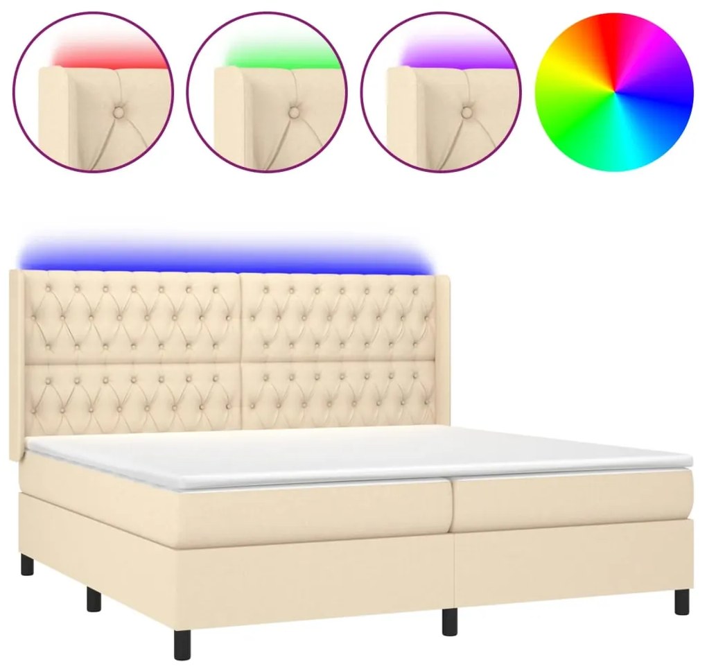 Κρεβάτι Boxspring με Στρώμα &amp; LED Κρεμ 200x200 εκ. Υφασμάτινο - Κρεμ