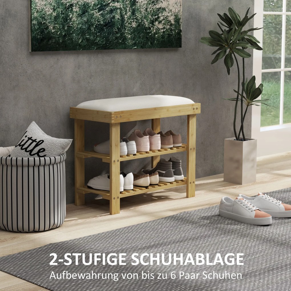 HOMCOM Παπουτσοθήκη με κάθισμα, Μπαμπού πάγκος με αποθηκευτικό χώρο, 2 ανοιχτά ράφια, Πάγκος 60 x 29 x 49 cm Κρεμ Λευκό