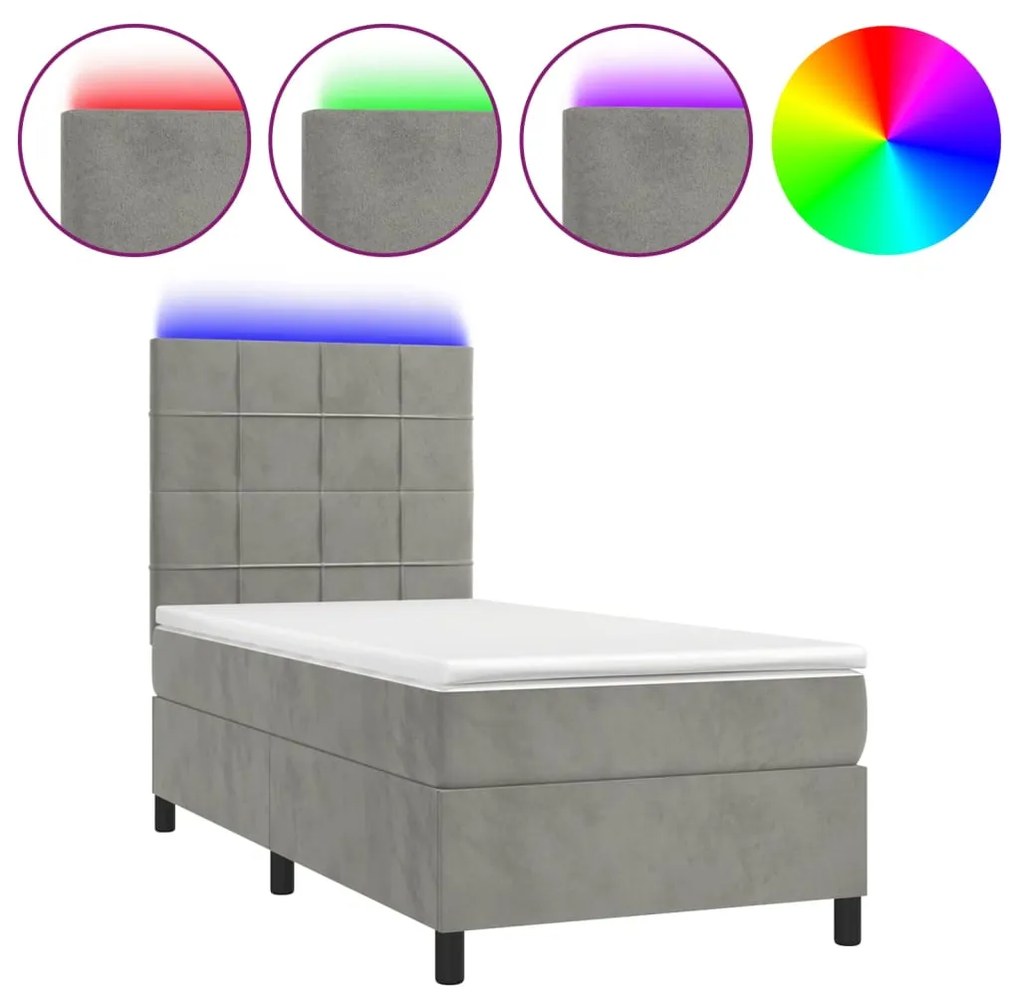 Κρεβάτι Boxspring με Στρώμα &amp; LED Αν.Γκρι 90x200 εκ. Βελούδινο - Γκρι