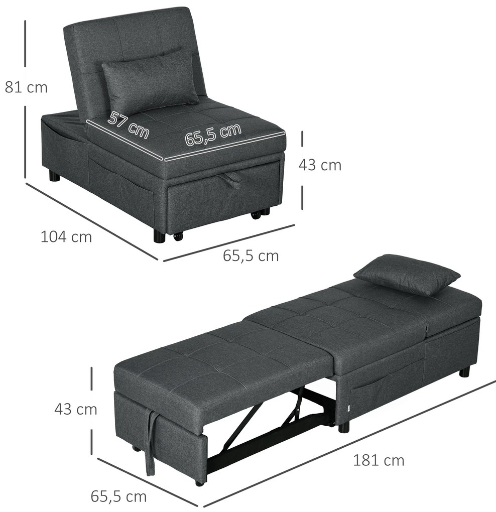 HOMCOM άνετος πολυθρόνας πολυθρόνας 3-σε-1 πολυθρόνας μοντέρνος, έως 150 kg, όψη λινάτσας, με μαξιλάρι, 65,5 x 104 x 81 cm, Σκούρο γκρι