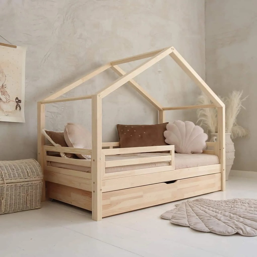 Κρεβάτι Παιδικό Montessori HouseBed Fello Plus με Αφαιρούμενα Κάγκελα 23cm  + Συρτάρι σε Φυσικό  Ξύλο  100×200cm  Luletto (Δώρο 10% έκπτωση στο Στρώμα)