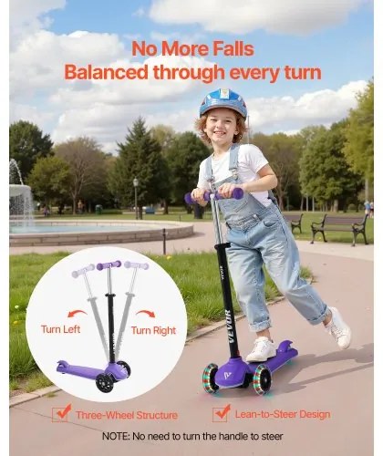 VEVOR Kick Scooter for Kids Ages 3+, 3-Wheel Toddler Scooter with Light-Up Wheels, Adjustable Height Handlebar, Wide Anti-Slip Deck, Lightweight Aluminum Frame for Boys & Girls up to 74.8 kg, Purple