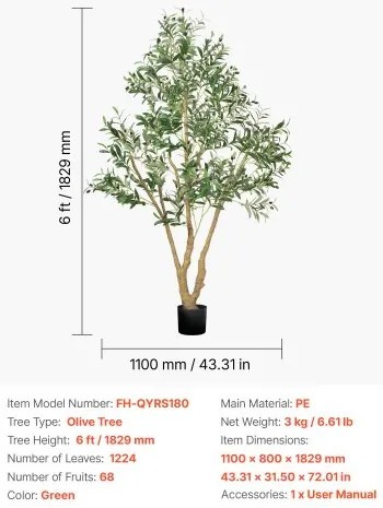 VEVOR 180cm Artificial Olive Tree Tall Fake Plant with Pot for Home Office