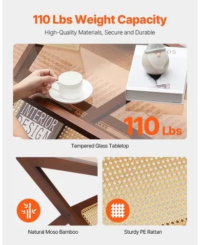 VEVOR Rattan Coffee Table Z-Shaped Rattan Coffee Table 1-Tier for Living Room