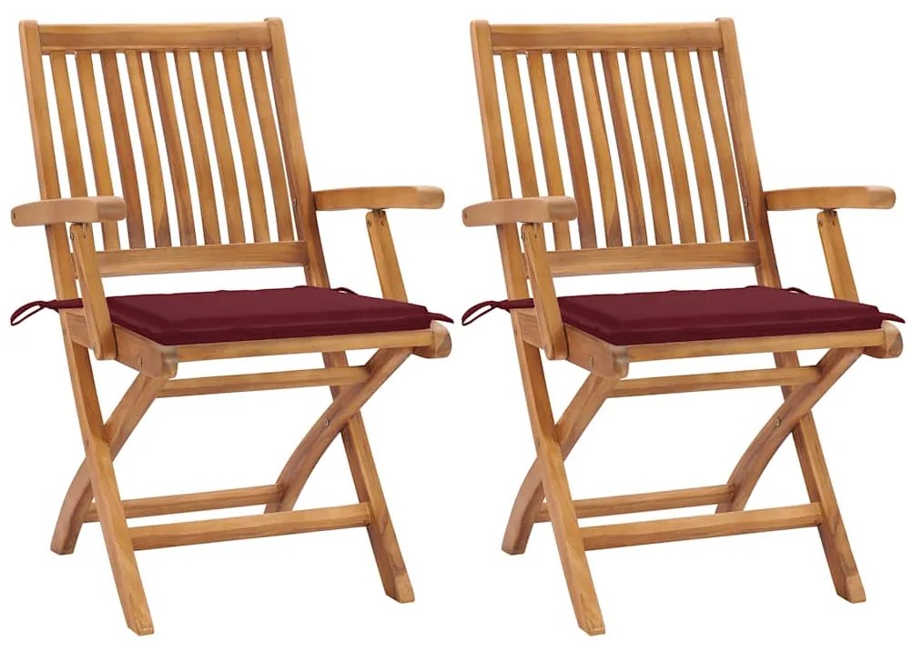 vidaXL Καρέκλες Κήπου 2 τεμ. από Μασίφ Ξύλο Teak με Μπορντό Μαξιλάρια