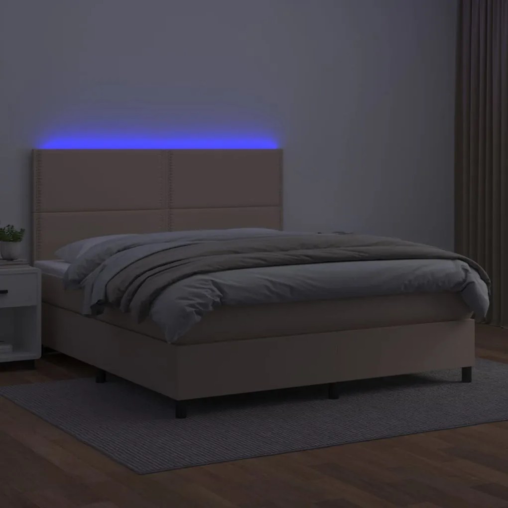 Κρεβάτι Boxspring Στρώμα&amp;LED Καπουτσίνο 140x190 εκ. Συνθ. Δέρμα - Καφέ