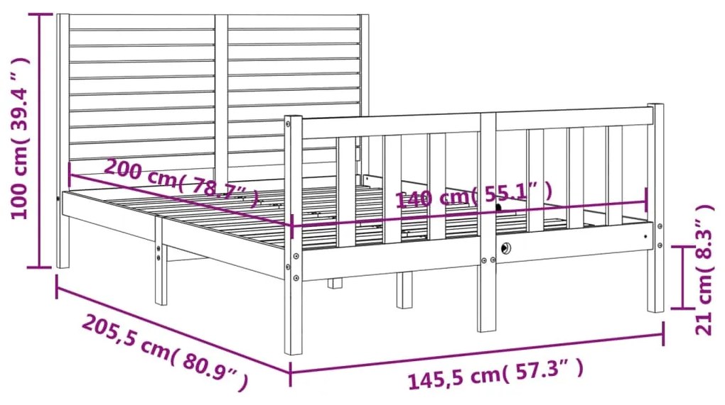 Πλαίσιο Κρεβατιού με Κεφαλάρι Μαύρο 140x200 εκ. Μασίφ Ξύλο - Μαύρο