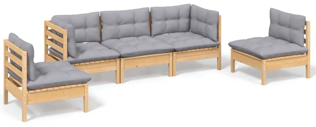 vidaXL Σαλόνι Κήπου Σετ 5 Τεμαχίων Μασίφ Ξύλο Πεύκου με Γκρι Μαξιλάρια