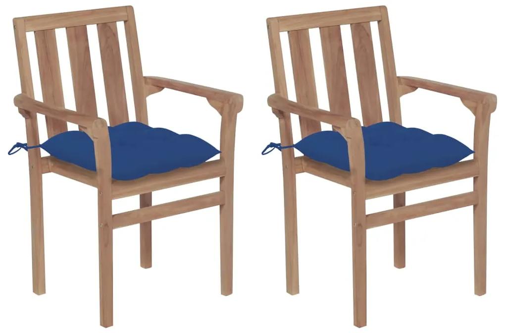 vidaXL Καρέκλες Κήπου 2 τεμ. από Μασίφ Ξύλο Teak με Μπλε Μαξιλάρια