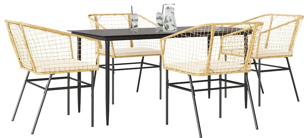 vidaXL Σετ Τραπεζαρίας Κήπου 5 Τεμ. Καφέ Συνθ.Ρατάν/Γυαλί με Μαξιλάρια