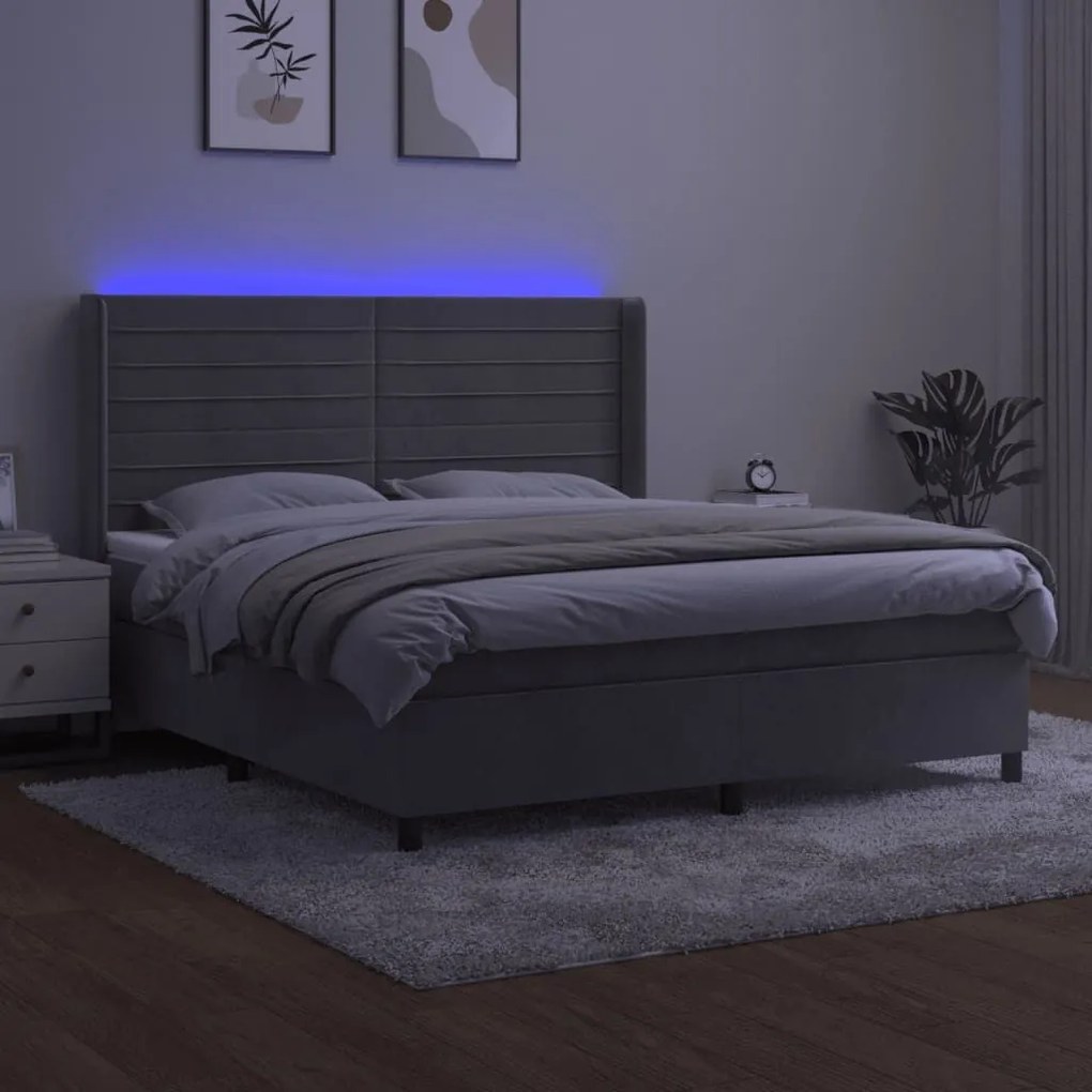 Κρεβάτι Boxspring με Στρώμα &amp; LED Αν.Γκρι 160x200 εκ. Βελούδινο  - Γκρι