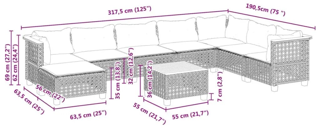 Σαλόνι Κήπου Σετ 9 Τεμαχίων Γκρι Συνθετικό Ρατάν με Μαξιλάρια - Γκρι