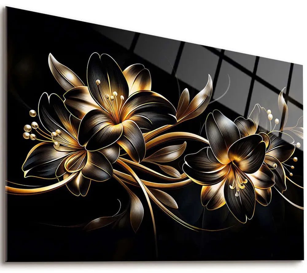 Πίνακας Γυάλινος Midnight Florals 225ATP1135 65x45cm Black-Gold Wallity Horizontal Γυαλί