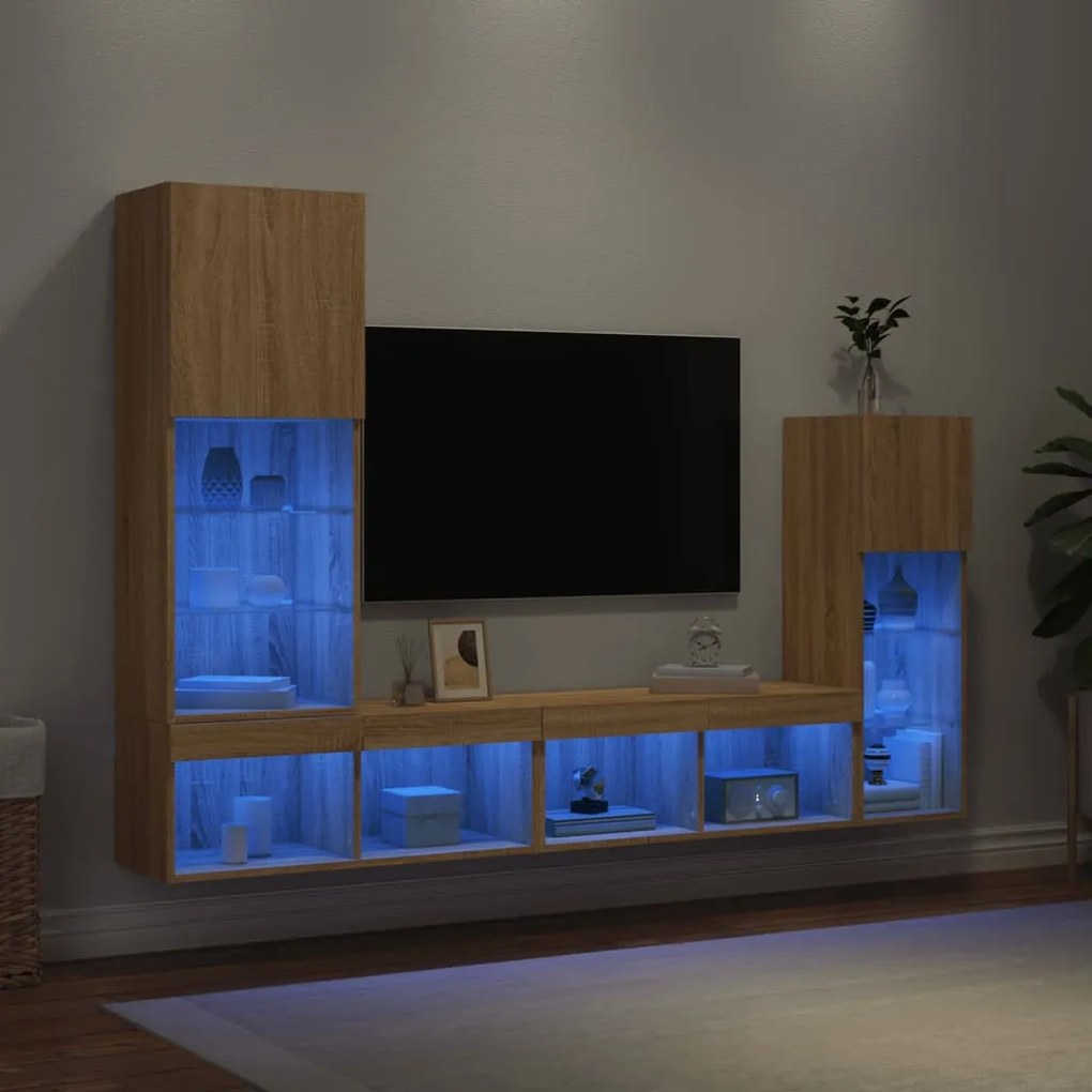 vidaXL Έπιπλα Τοίχου Τηλεόρασης 4 τεμ. LED Sonoma Δρυς από Επεξ. Ξύλο