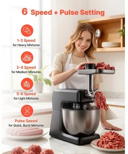 VEVOR Stand Mixer, 7.8 L Electric Kitchen Mixer, 1500W Dough-Mixer, 6+P Speeds Tilt-head Food-Mixer with 1.5 L Blender Cup, Stainless Steel Bowl, Dough Hook, Whisk, Beater, for Baking, Mixing, Black