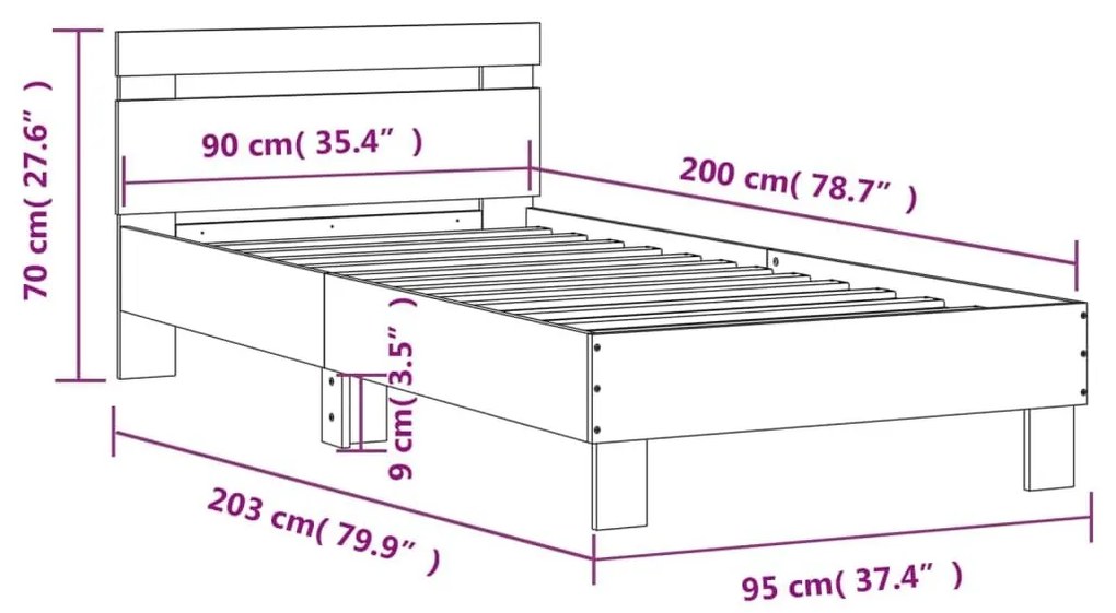 Πλαίσιο Κρεβατιού με Κεφαλάρι Γκρι Sonoma 90x200 εκ. Επεξ. Ξύλο - Γκρι