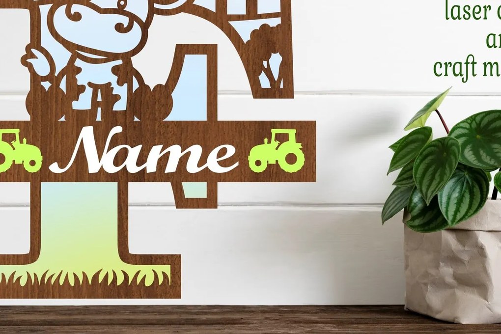 Σετ των 2 Intra απο ξύλο plywood 3mm-4mm πάχος - Μονόγραμμα κεφαλαίων αγελάδας Γράμμα F  Αποκοπή Δίασταση 30x20 cm INTRAFABR-74483622