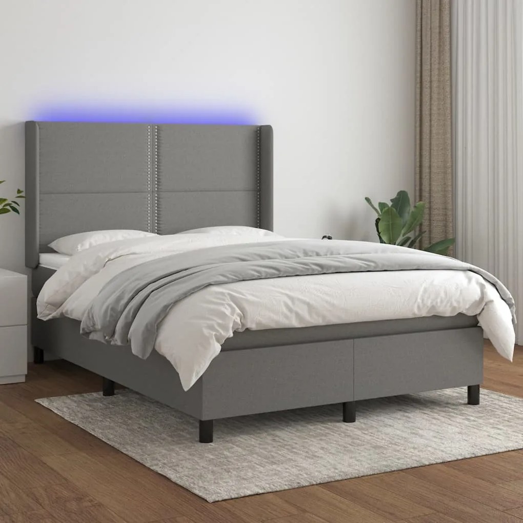 Κρεβάτι Boxspring με Στρώμα &amp; LED Σκ.Γκρι 140x190εκ. Υφασμάτινο