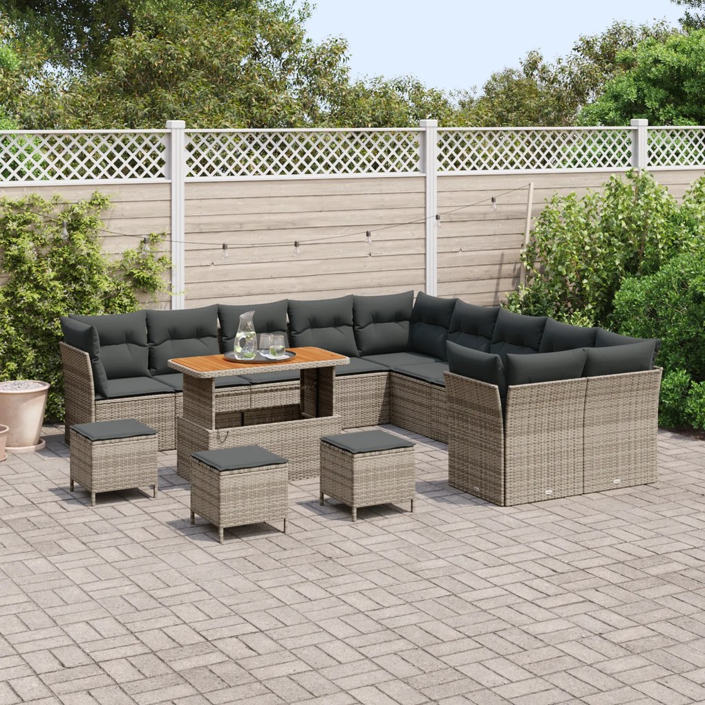 vidaXL Σετ Κήπου 14 Τεμαχίων με Μαξιλάρια Γκρι Poly Rattan Ακακίας