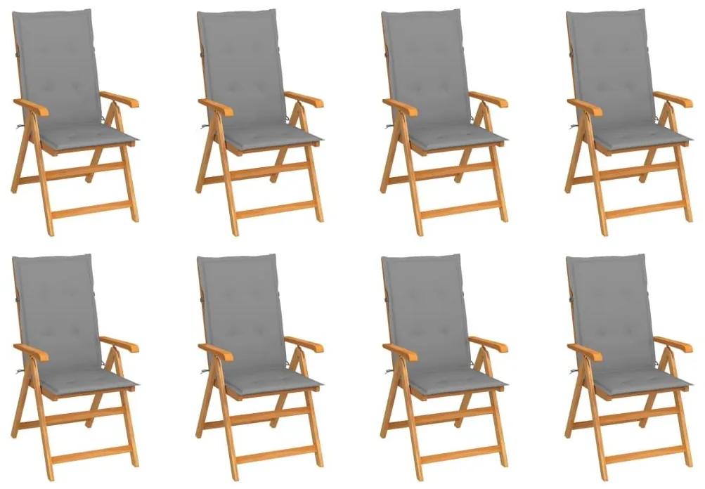 Καρέκλες Κήπου Ανακλινόμενες 8 τεμ. Μασίφ Ξύλο Teak &amp; Μαξιλάρια - Γκρι