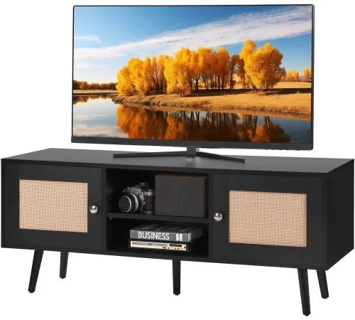 VEVOR Rattan TV Stand, Boho TV Cabinet for 55 inch TV, Mid Century Modern TV Stand, Rattan TV Console with Adjustable Shelfs for  Living Room, Media Room, Black
