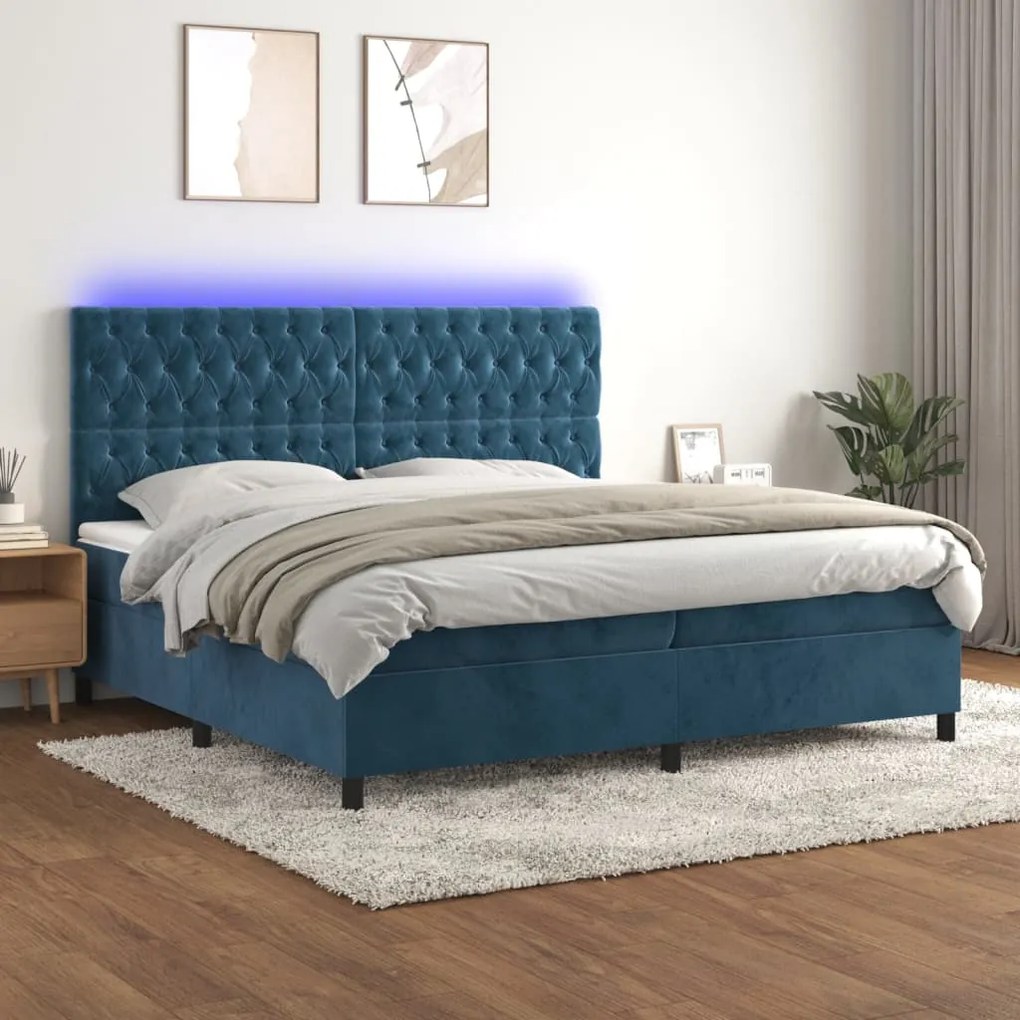 vidaXL Κρεβάτι Boxspring με Στρώμα & LED Σκ. Μπλε 200x200εκ. Βελούδινο