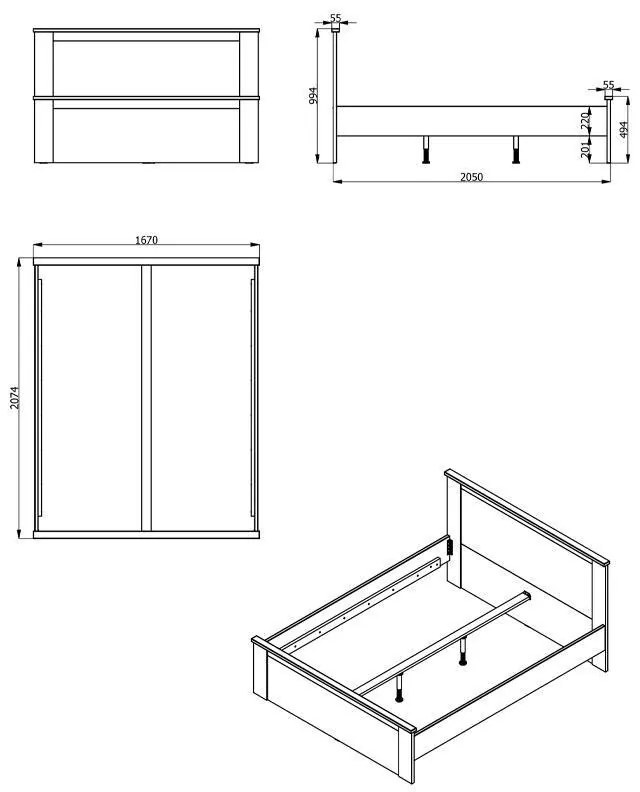 Ξύλινο Κρεβάτι Kent BK 160 Γκρί Δρύς - Λευκό Δρύς 160x200 εκ. 167x208x100 εκ.