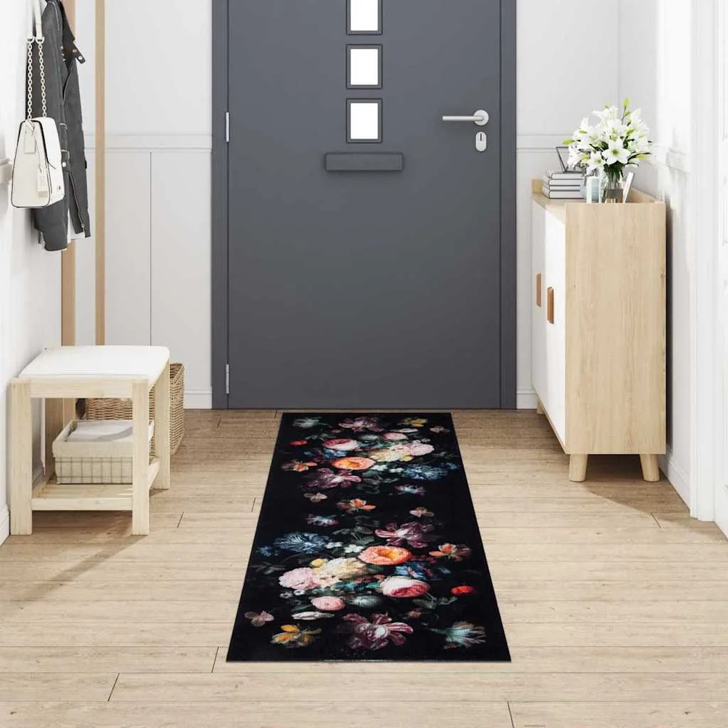 vidaXL Χαλί Κουζίνας Floral Μαύρο 300 x 60 εκ Βελούδο
