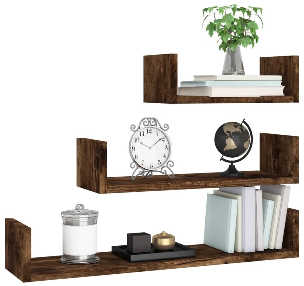vidaXL Ράφια Τοίχου 3 τεμ. Καπνιστή Δρυς από Επεξεργασμένο Ξύλο