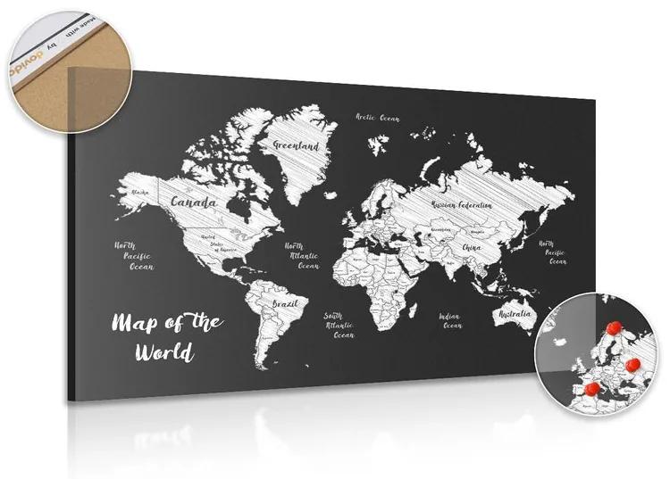 Εικόνα σε φελλό ενός ασπρόμαυρου μοναδικού παγκόσμιου χάρτη