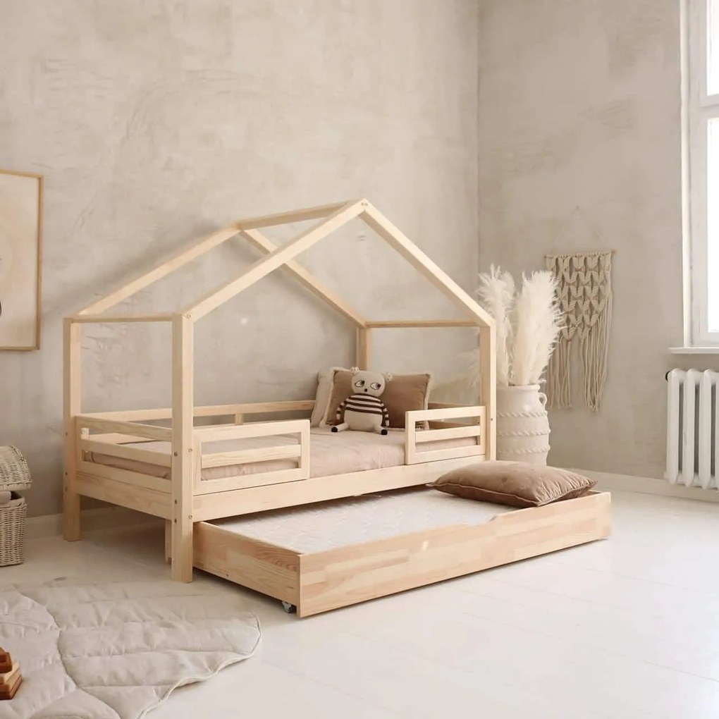 Κρεβάτι Παιδικό Montessori HouseBed Fello Plus με Αφαιρούμενα Κάγκελα 23cm  + Συρτάρι σε Φυσικό  Ξύλο  100×200cm  Luletto (Δώρο 10% έκπτωση στο Στρώμα)