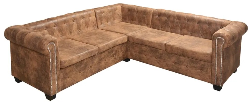 vidaXL Γωνιακός Καναπές Chesterfield 5 Θέσεων Καφέ από Συνθετικό Δέρμα