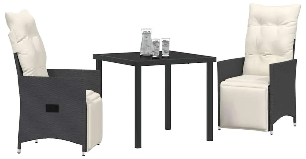 vidaXL Σέτ φαγητού για κήπο με μαξιλάρι 3 pcs Μαύρο Πολυ ράταν