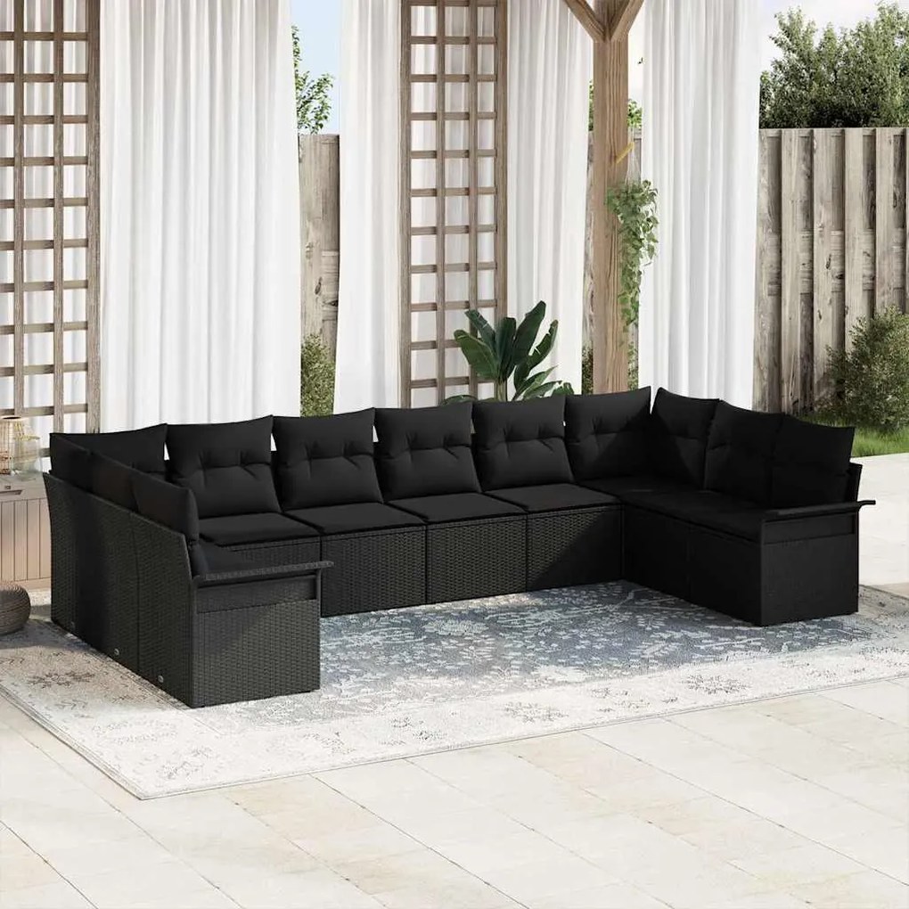 vidaXL Σετ Καναπέ Κήπου με μαξιλάρι 10 pcs Μαύρο Πολυ ράταν