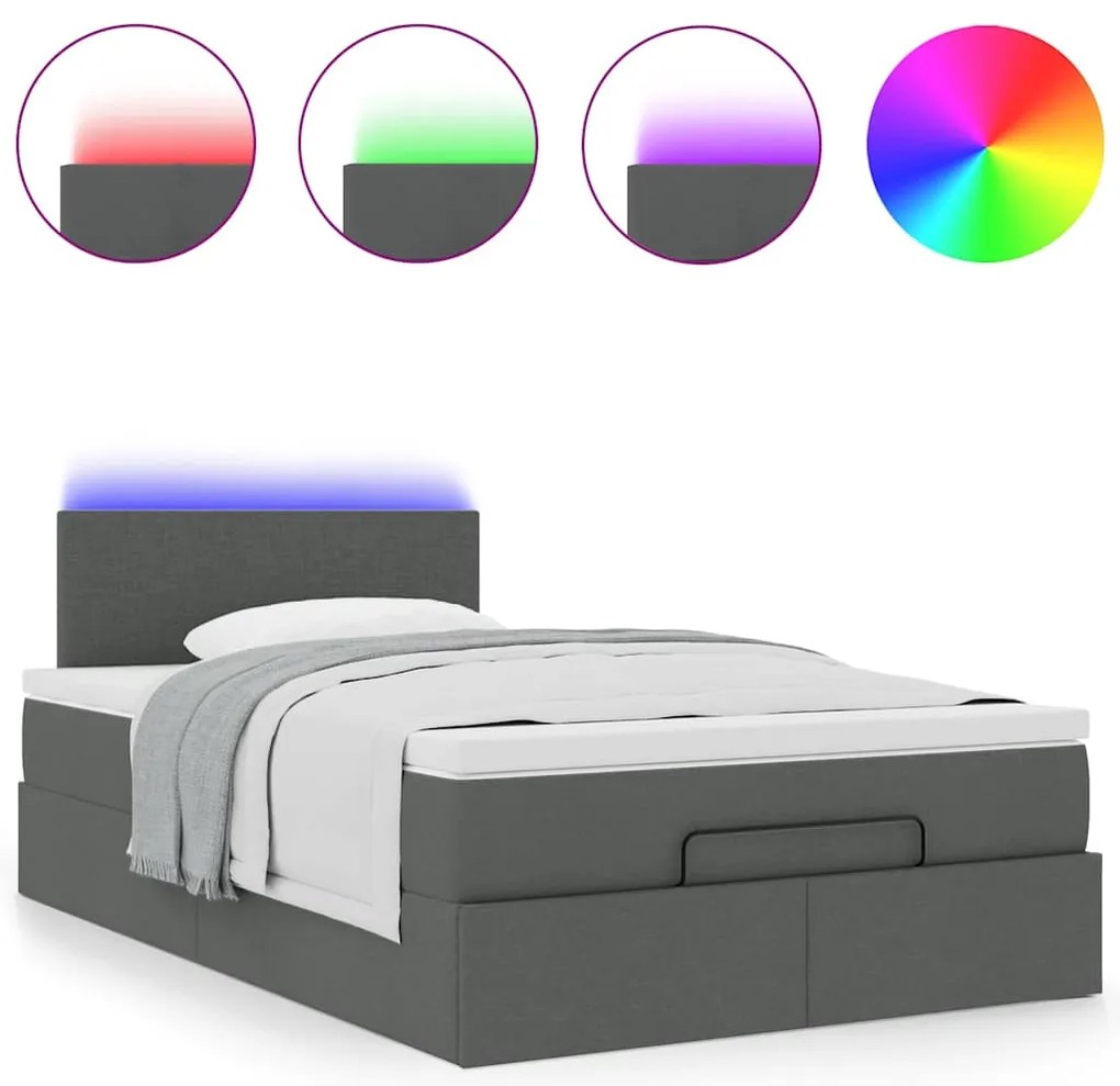 vidaXL Οθωμανικό κρεβάτι με στρώμα & LEDs Σκούρο γκρι 120x200cm Ύφασμα